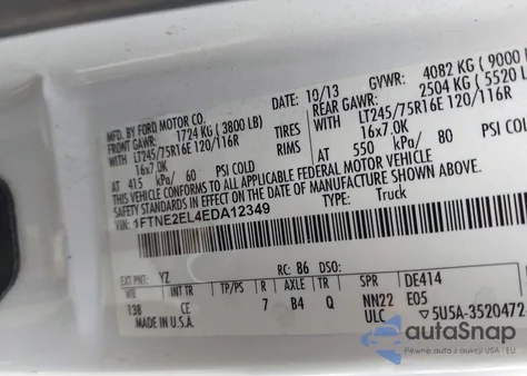 2014 Ford E-250 Commercial z USA, uszkodzony, nr VIN 1FTNE2EL4EDA12349